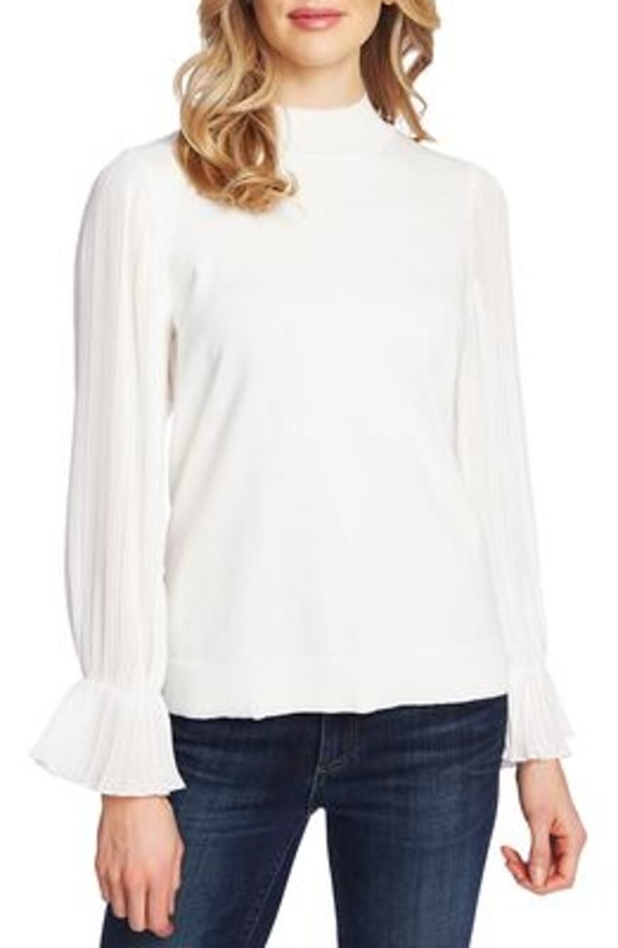 CeCe Womens Ruffle Sheer Sleeve Sweater Size M White Mock Neck Mix Media Classy